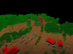 Oblique classified point-cloud view of fields, forest, farm buildings, and orange utility lines with magenta poles.
