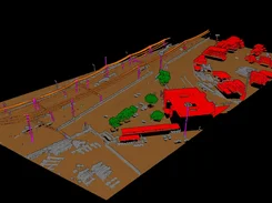 Oblique classified point-cloud view of a rail facility with multiple orange tracks, magenta poles, red buildings, and gray equipment.