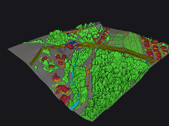 Oblique 3D point-cloud scene of a wooded neighborhood with colored buildings, roads, a stream, and yellow overhead utility lines.