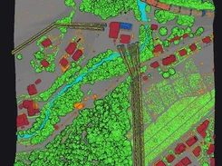 Top-down colored point-cloud view of buildings, trees, a stream, roads, and yellow linear infrastructure overlays.