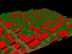 Oblique classified point-cloud view of a dense neighborhood, with buildings in red and trees in green.