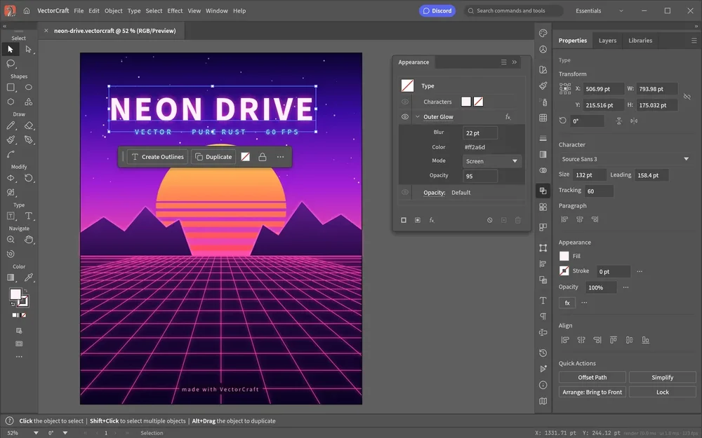 VectorCraft workspace editing a neon landscape poster, with selected headline text and appearance, character, and properties panels.