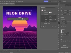 VectorCraft workspace editing a neon landscape poster, with selected headline text and appearance, character, and properties panels.