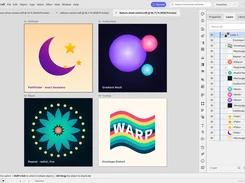 VectorCraft workspace showing four vector-art feature examples labeled Pathfinder, Gradient Mesh, Repeat, and Envelope Distort, with the Layers panel open.