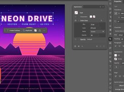 VectorCraft vector-editing workspace with a neon landscape poster, selected text, an Outer Glow settings panel, and properties controls.
