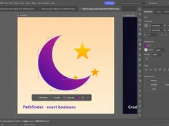 VectorCraft workspace editing a purple crescent and yellow stars, with visible path anchors and Pathfinder text on the artboard.