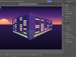 VectorCraft workspace displaying a perspective grid around a stylized building at sunset, with document and snap settings visible.