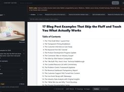 Vee3.ai Content Editor displaying an article outline titled “17 Blog Post Examples That Skip the Fluff and Teach You What Actually Works,” with AI editing controls, metadata, placement summary, and fact-checker panel.