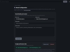 Vee3.ai Brand Configuration page with fields for brand name, website URL, sitemap URL, brand context, and connected Google Search Console and GA4 performance-data properties.
