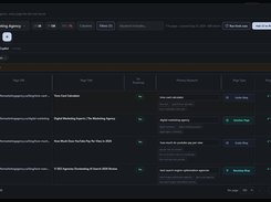 Dark-themed Crawl page showing a scanned website's pages in a table with page URLs, titles, primary keywords, page types, roadmap status, filters, and scan controls.