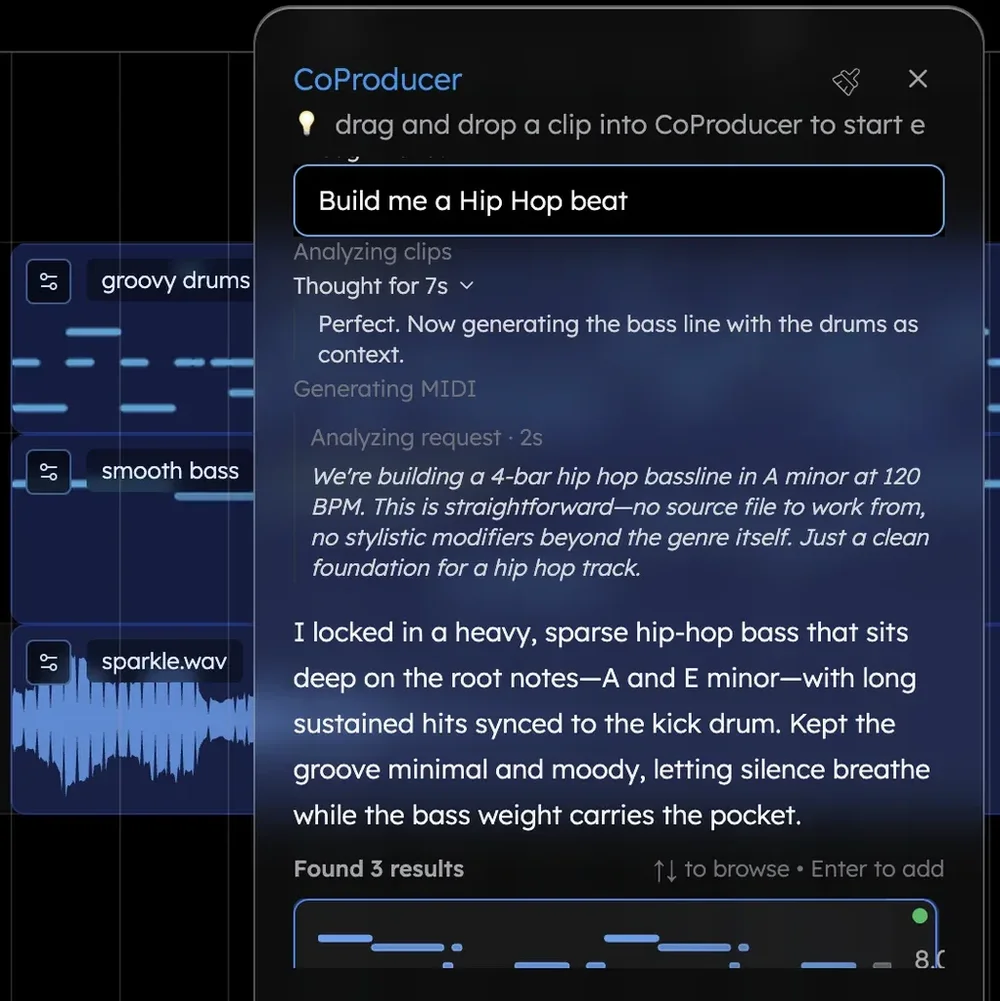 Veena music editor with a CoProducer panel showing the prompt “Build me a Hip Hop beat,” generation status text, and MIDI clips on the timeline behind it.