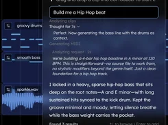 Veena music editor with a CoProducer panel showing the prompt “Build me a Hip Hop beat,” generation status text, and MIDI clips on the timeline behind it.