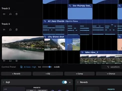 Veena multitrack editor showing AI bass and jazz-chord clips, video clips, a waveform, and EQ and reverb effect panels.