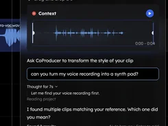 Veena CoProducer dialog with a voice waveform and the prompt “can you turn my voice recording into a synth pad?”