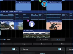 Veena music timeline showing AI bass and electric-piano clips, video and image clips, cursors, and audio FX panels including reverb.
