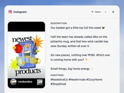 Velocity post-preview interface for Instagram, showing a product image at left and a draft description and hashtags at right.
