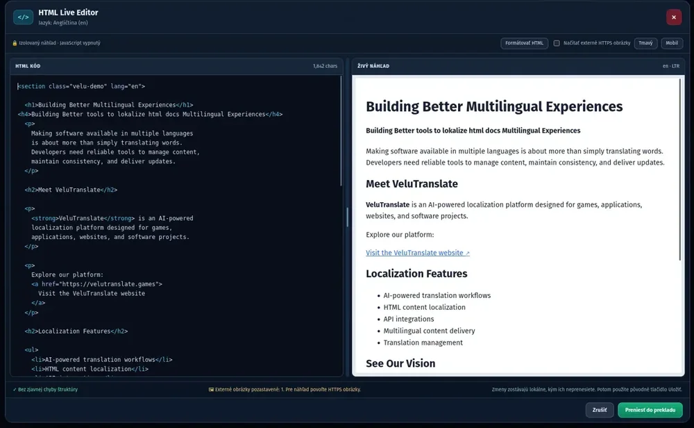 VeluTranslate HTML Live Editor in a dark interface, with an HTML code pane on the left and a live rendered document preview on the right.