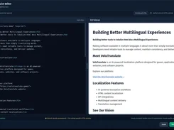 VeluTranslate HTML Live Editor in a dark interface, with an HTML code pane on the left and a live rendered document preview on the right.
