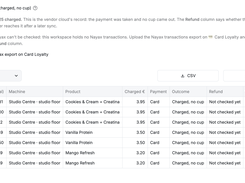 Failed vends: every card payment that took the money and made no drink, newest first. Sample machines and data.