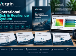 Veqrin Operational Risk & Resilience System promotional composition with printed toolkit materials and a laptop displaying an Operational Risk & Resilience Overview with a color-coded risk matrix and resilience framework.