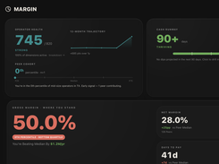 Verinode IQ Margin dashboard showing operator health, cash runway, gross margin, net margin, and days-to-pay cards.
