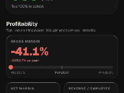Mobile Benchmarks screen showing an operator score, gross margin, cash velocity, and peer percentile markers.