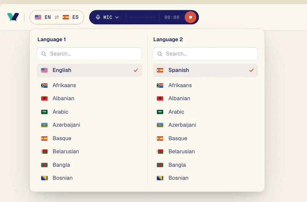 Verli language-selection panel with searchable source and target language lists.