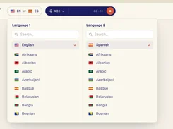 Verli language-selection panel with searchable source and target language lists.