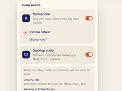 Verli audio-source settings for microphone and desktop audio translation.