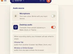 Verli desktop-audio settings with microphone disabled and desktop audio enabled.