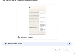 Browser tab-sharing permission dialog for Verli demo media with tab audio enabled.