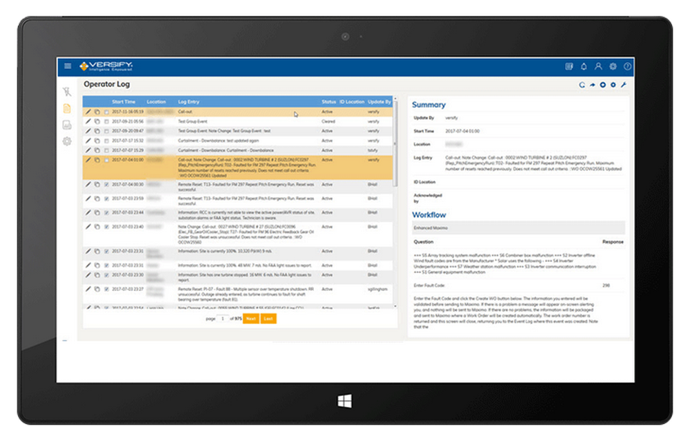 Versify Operator Log showing a log-entry table, summary panel, and workflow details.