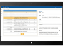 Versify Operator Log showing a log-entry table, summary panel, and workflow details.