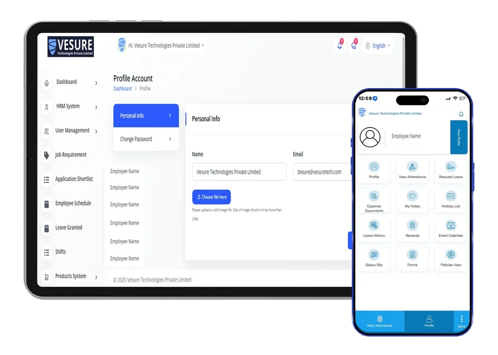 VeSure desktop Profile Account page and mobile employee portal show profile, attendance, leave, expense, documents, salary slip, and policy actions.