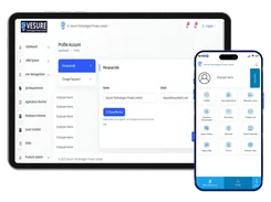 VeSure desktop Profile Account page and mobile employee portal show profile, attendance, leave, expense, documents, salary slip, and policy actions.