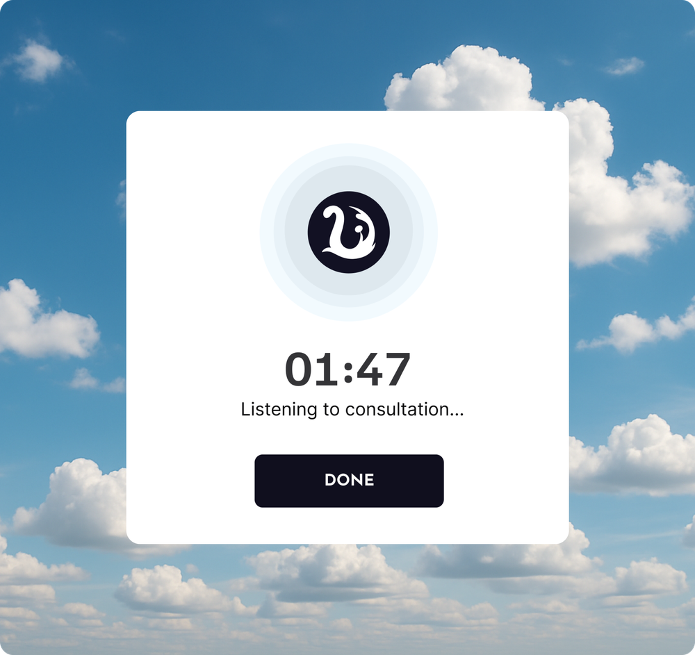 Mobile Vetz recording status panel showing the Vetz icon, a 01:47 timer, “Listening to consultation...,” and a Done button.