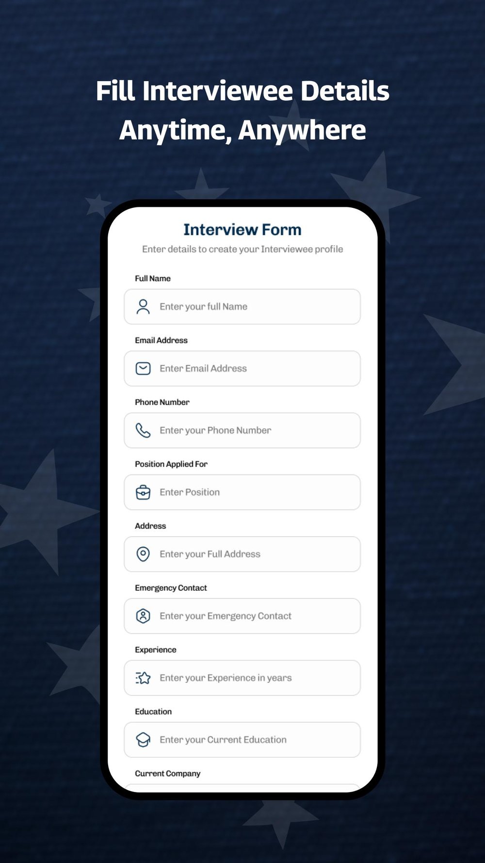 Easily capture applicant details with VEVR’s smart, mobile-friendly interview form. Streamline onboarding with accurate, structured, and secure data entry.