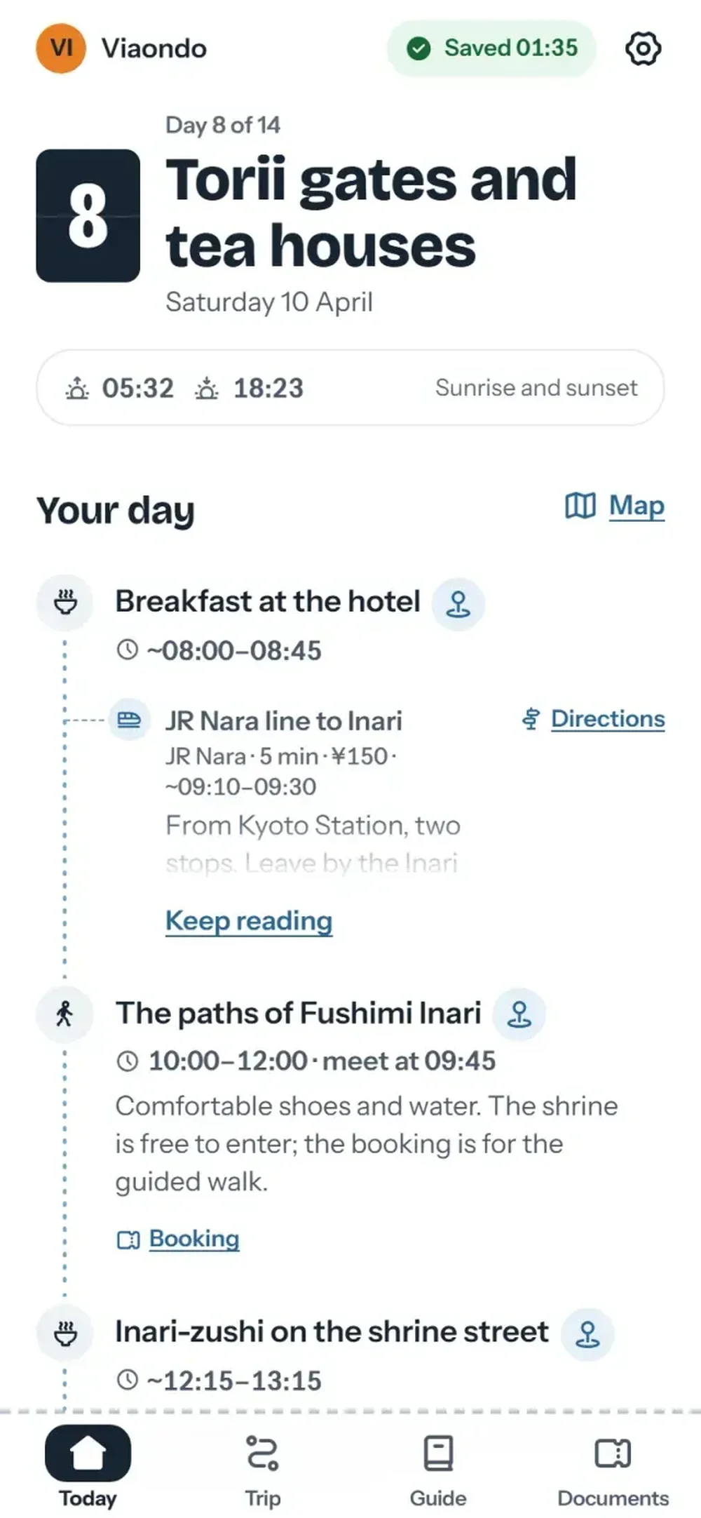 Viaondo mobile itinerary screen for day 8, showing scheduled activities, rail directions, times, and links for a Japan trip.