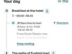 Viaondo mobile itinerary screen for day 8, showing scheduled activities, rail directions, times, and links for a Japan trip.