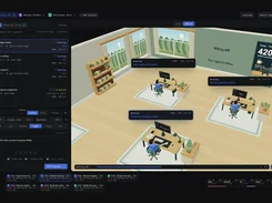 VibeiDE dark-themed interface showing a task queue, prompt controls, project tabs, and an isometric virtual office with agent task status cards.