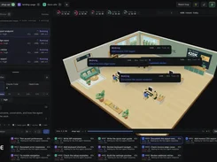 VibeiDE dark-themed interface with project tabs, a task queue, execution settings, terminal controls, and an isometric office workspace showing running tasks.