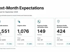 Next-month expectations screen forecasting website sessions, organic clicks, call-button clicks, and direction requests.