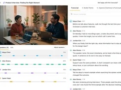 VidBee transcript interface showing an interview video, speaker timeline rows, and timestamped transcript text.