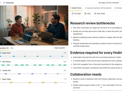 VidBee transcript interface with a video preview, speaker timelines, and generated bullet points titled "Research review bottlenecks."