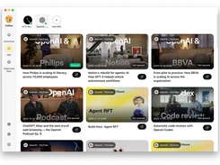 VidBee RSS interface in a desktop window showing an OpenAI YouTube feed and video cards with queue statuses.