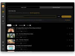 Dark-mode VidBee download page with a video URL field, Single Video and Download Playlist tabs, and completed download entries.