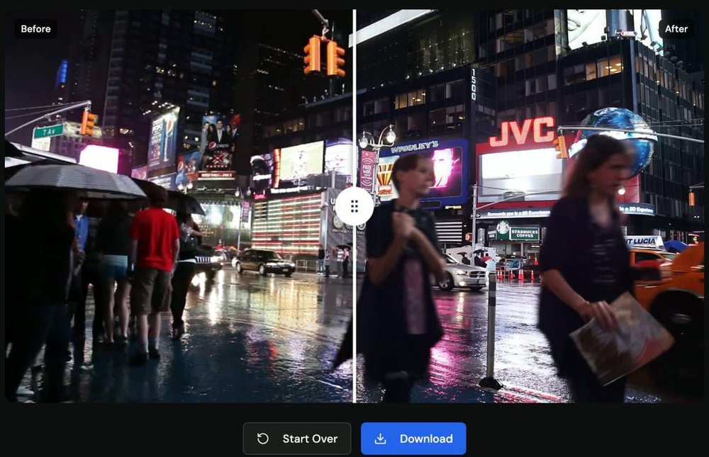 VideoUpscaler result screen with a draggable vertical before-and-after comparison of a rainy city street video and Download button.