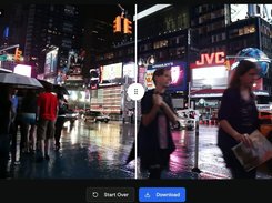 VideoUpscaler result screen with a draggable vertical before-and-after comparison of a rainy city street video and Download button.