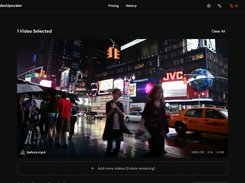 VideoUpscaler upload workspace showing one selected rainy city-street video, navigation links, and an option to add more videos.
