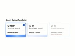 Light-background interface section titled Select Output Resolution with cards for 1080P, 2K, and 4K and their credit requirements.